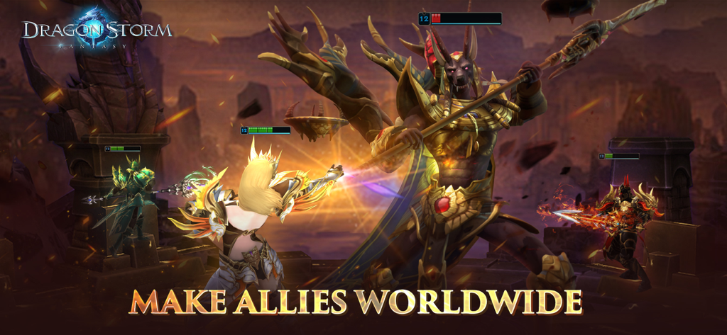 Dragon Storm Fantasy - Characters fighting a giant golden boss in Dragon Storm Fantasy