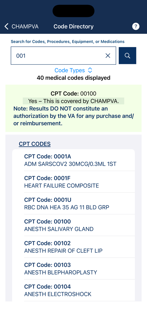 CHAMPVA app screen showing medical code directory search results for CPT codes and coverage status
