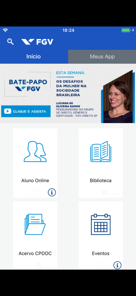 FGV - Tela inicial do aplicativo móvel FGV mostrando opções de menu para serviços ao estudante, arquivos da biblioteca e eventos