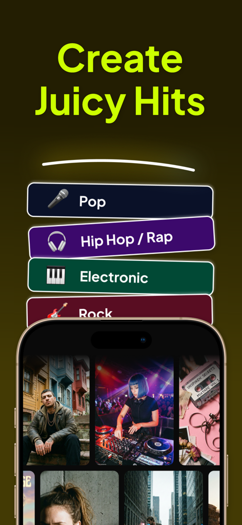 Moniq - Pantalla de la app Moniq mostrando opciones para crear éxitos musicales en géneros como Pop Hip Hop y Electrónica