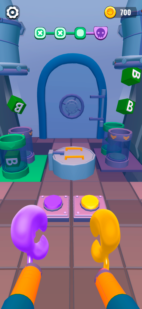 First person gameplay showing purple and yellow power hands and matching floor buttons