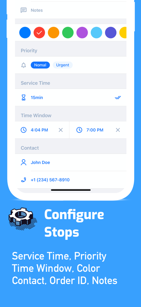 Route Planner, Delivery, MyWay - Stop configuration screen in MyWay Route Planner app showing service time and time window options.