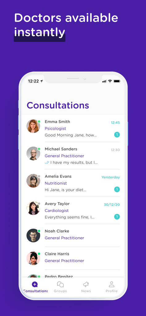 Écran de consultations de l'application MediQuo affichant une liste de spécialistes médicaux disponibles pour le chat