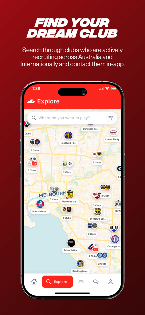 Tela do aplicativo Trainstop mostrando uma visualização de mapa para explorar clubes esportivos de recrutamento em Melbourne