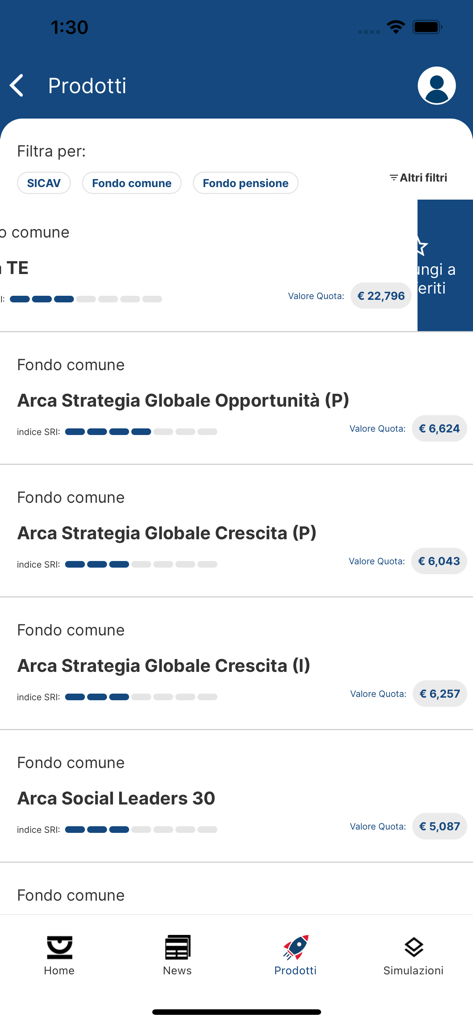 Écran de l'application mobile affichant une liste de produits d'investissement en fonds communs de placement avec les valeurs des parts et les indicateurs SRI