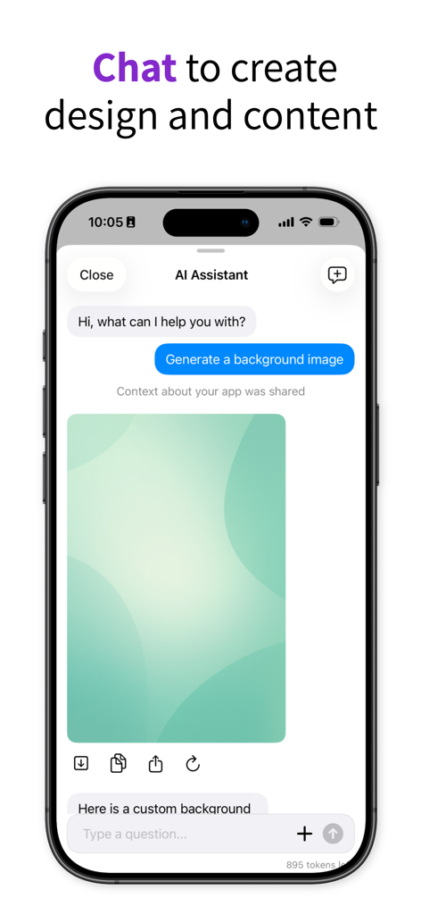 Pixelmost KI-Assistent Chat-Oberfläche, die ein App-Hintergrunddesign generiert.