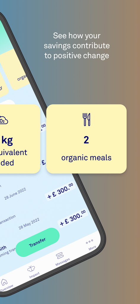 Triodos Bank UK - Triodos Bank app interface showing how savings contribute to positive change with impact stats like organic meals.