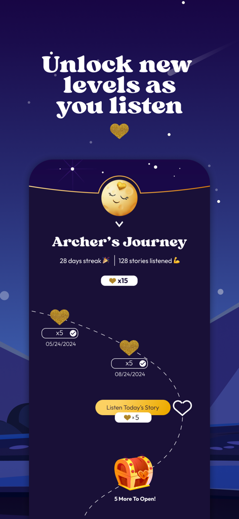Screenshot der Goldminds-App, der einen spielerischen Fortschrittspfad zum Freischalten neuer Level und Belohnungen für das Anhören von Schlafgeschichten zeigt.