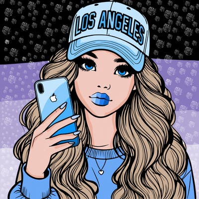 realistic beautiful girl wearing los ángeles cap holding an iphone