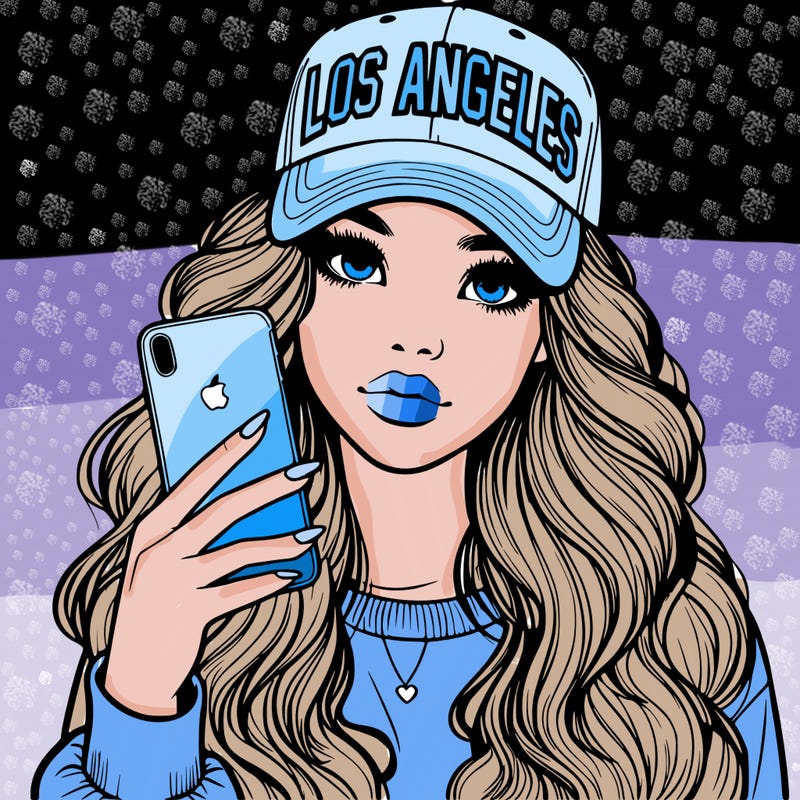 realistic beautiful girl wearing los ángeles cap holding an iphone