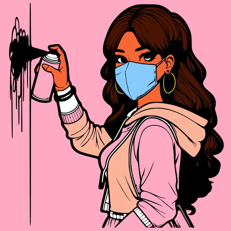 realistic girl with mask spray painting a wall