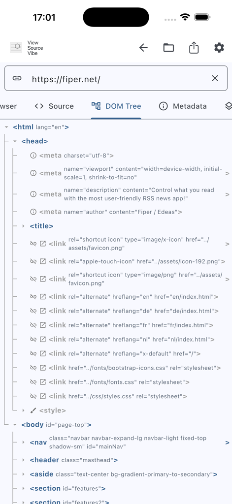 View Source Vibe - Inspección del árbol DOM de un sitio web en la aplicación móvil View Source Vibe