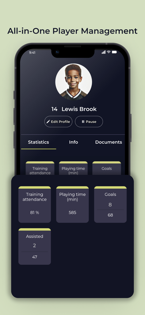 coachbetter - Coachbetter app interface showing a youth soccer player profile with performance statistics like attendance and goals
