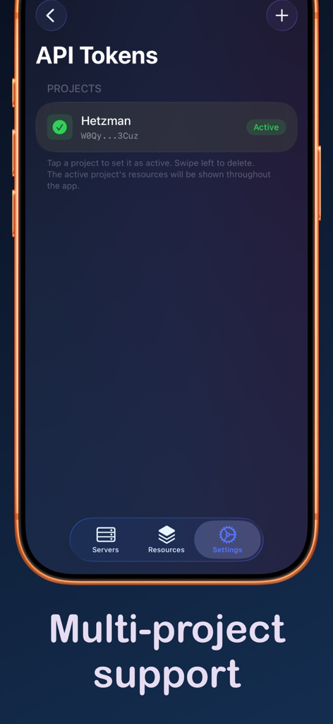 Hetzman Cloud Manager interface showing the API Tokens screen with multi-project support.