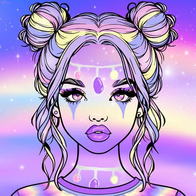 realistic girl with two buns in hair and lips