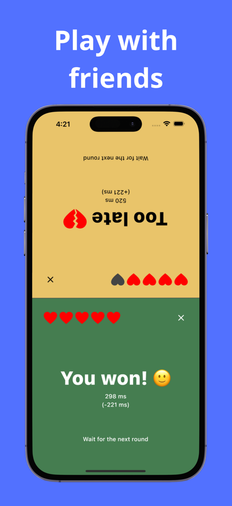 Geteilter Bildschirm eines Zwei-Spieler-Reaktionsduells in der RTap-App, der Reaktionszeiten und Gewinnerstatus anzeigt.