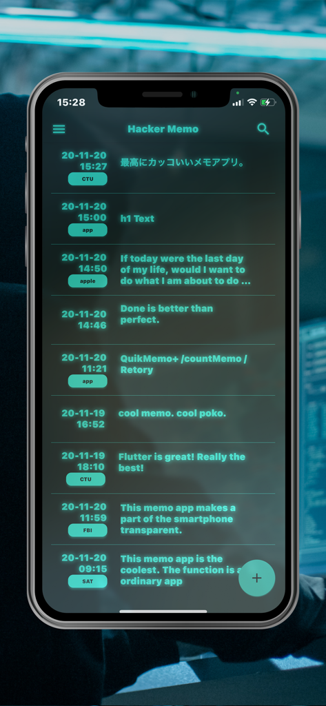 A list of notes in a cyberpunk-themed app with neon green text on a transparent background.