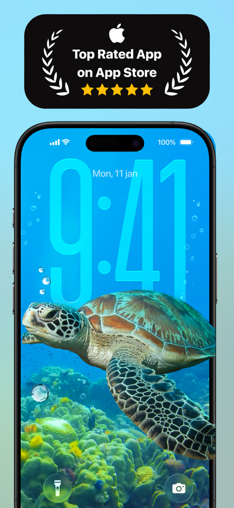 iPhone lock screen displaying a sea turtle wallpaper and an App Store top rated app badge