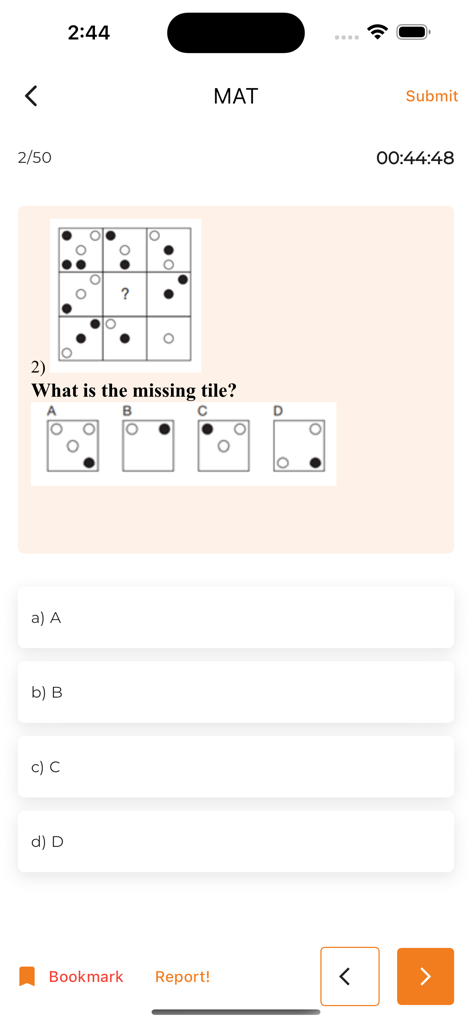 Online Vibrant - Mental Ability Test screen in the Online Vibrant app featuring a missing tile logic puzzle for medical entrance exam practice