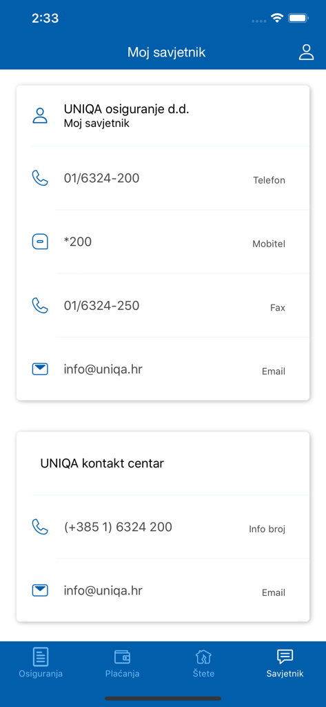 Mobile screen displaying contact details for a personal insurance advisor and the UNIQA support center including phone numbers and email