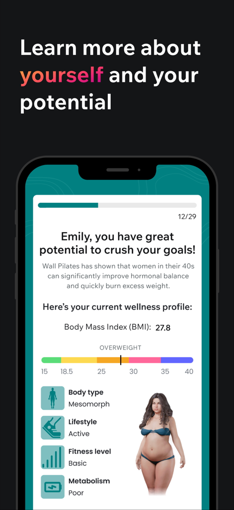 Personalized wellness profile on the Hoola fitness app showing BMI and body type details
