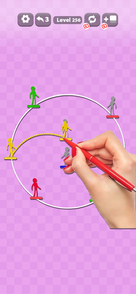 Escape Island: Fun Color Sort - Gameplay screenshot of Escape Island showing colored 3D characters being sorted on circular platforms.