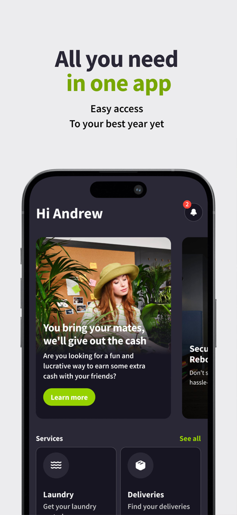 iQ Student Accommodation - Home screen of the iQ Student Accommodation app showing service icons for laundry and deliveries alongside a referral banner.