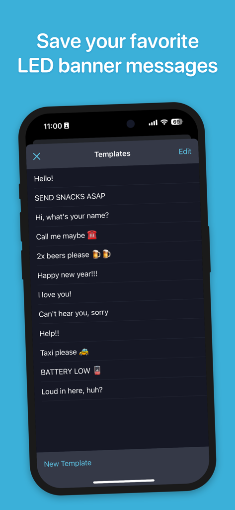 La pantalla de un iPhone muestra una lista de plantillas de mensajes de banner LED guardadas en la aplicación LEDit