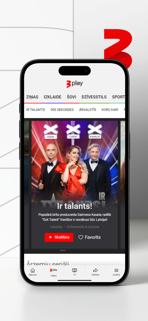 tv3.lv - tv3.lvアプリのモバイルインターフェース。ラトビアのニュースとエンターテイメントのカテゴリが表示されています。