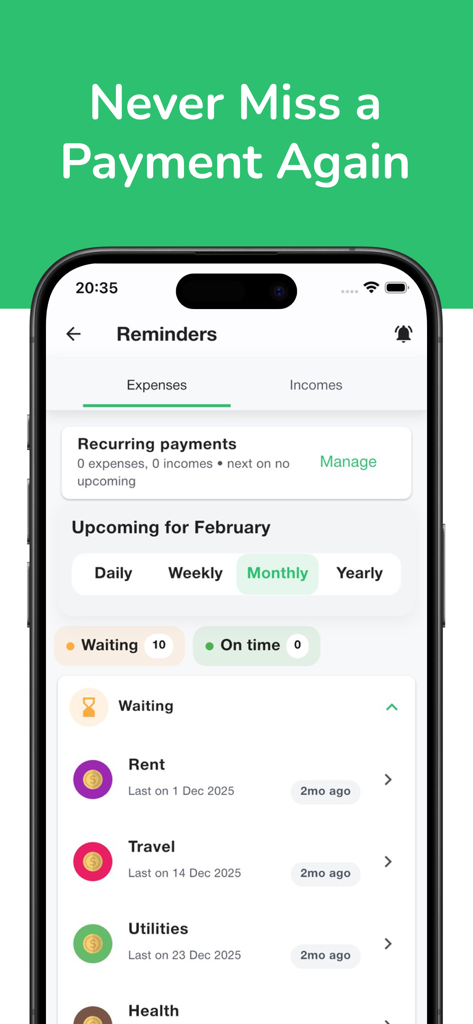Budget Buddy: Expense Manager - Budget Buddy app screen displaying upcoming recurring expense reminders