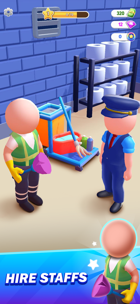 Terminal Master - Bus Tycoon - A gameplay screenshot of Terminal Master Bus Tycoon showing cleaning staff and a manager with the option to hire more employees