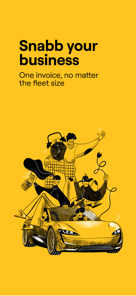 Marketing illustration for Snabb business fleet services showing a car and people with the text Snabb your business