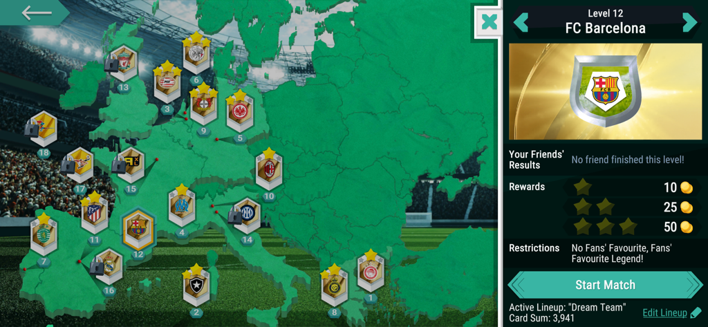 A map of Europe in the Panini FIFA 365 AdrenalynXL app showing various soccer club locations and the FC Barcelona level selection panel.