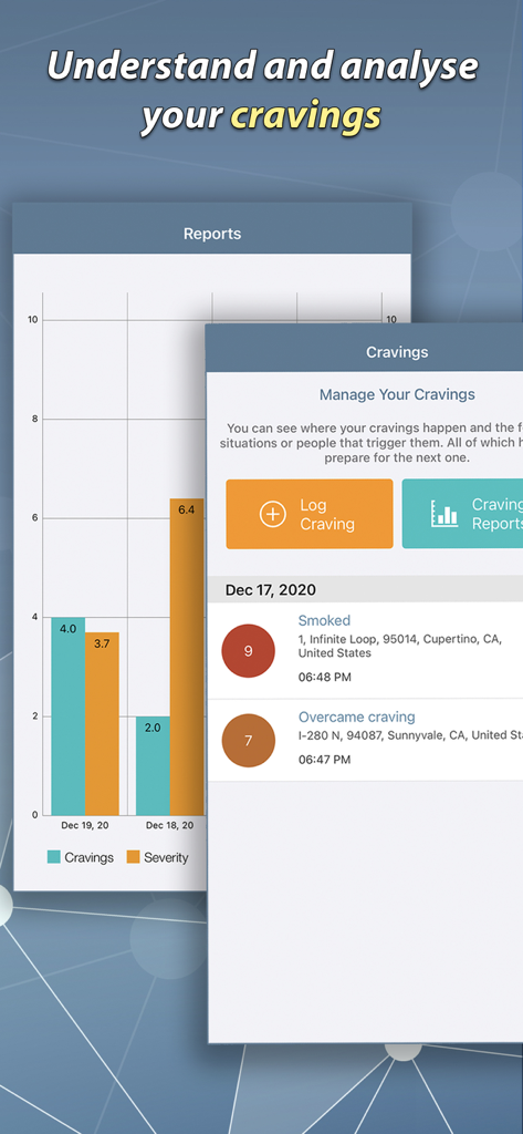 Quit Smoking Helper - Stop Now - A mobile app dashboard showing bar charts and logs to analyze and manage cigarette cravings