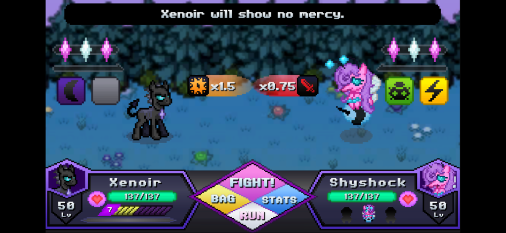 Battle Gem Ponies - A turn based pixel art battle between two characters Xenoir and Shyshock in the game Battle Gem Ponies