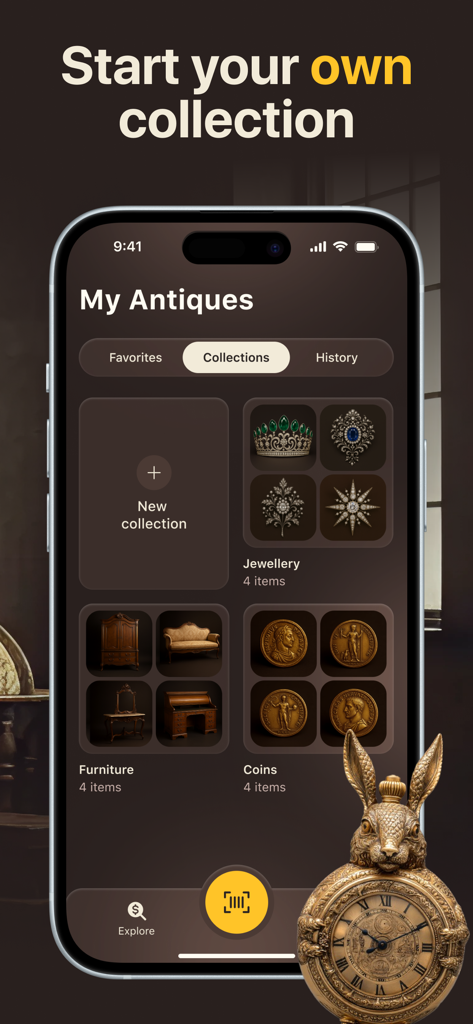 Antica - AI Antique Identifier - A smartphone screen displaying the Antica app with categorized collections of jewelry furniture and coins