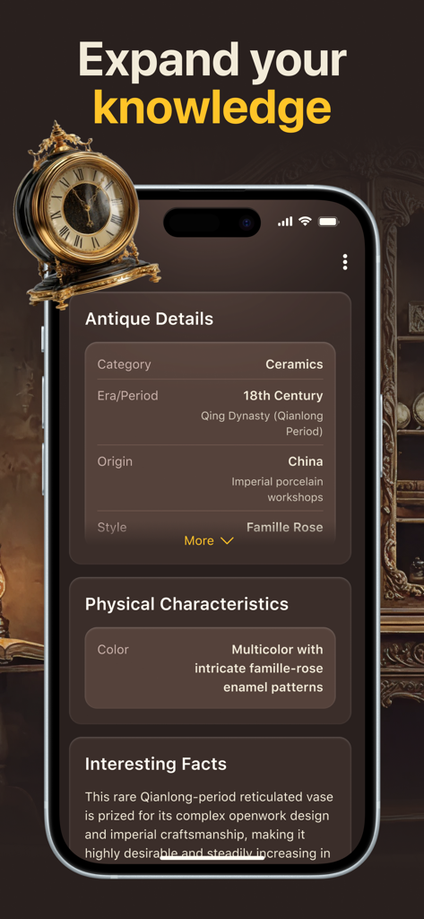 Antica - AI Antique Identifier - Mobile screen of Antica app showing detailed historical data and physical characteristics for an 18th century Chinese ceramic vase