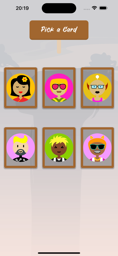 Who's Fake? - Find the Fake - A game screen titled Pick a Card showing six unique character avatars for players to choose from in the Who's Fake app.