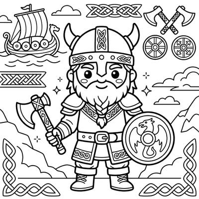 Embark on an adorable adventure with this Kawaii Viking Warrior coloring page! Featuring a cute Norse hero amidst stylized longboats and axes, it's perfect for a delightful coloring session.
