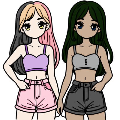 two sisters with crop tops and jean shorts and straight hair