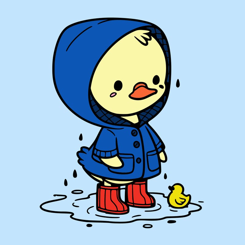 baby duck in a rain coat and boots, in a puddle while it’s raining