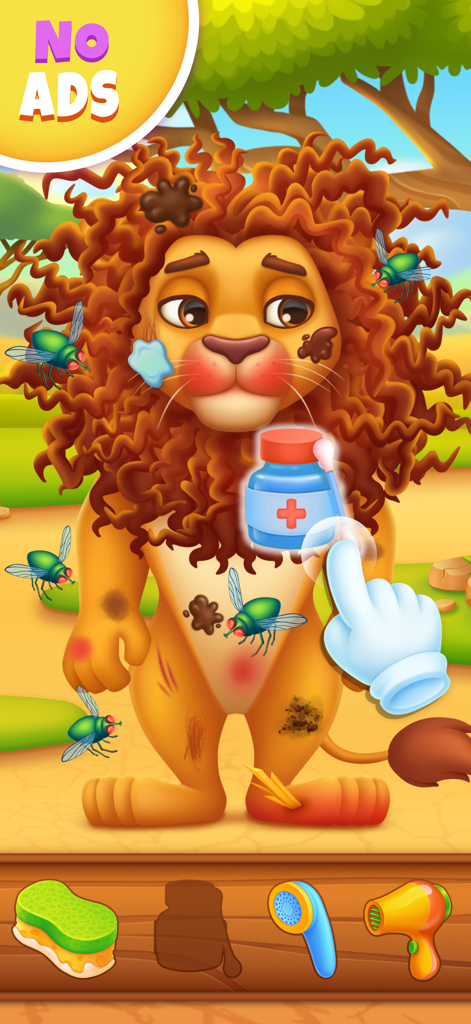 Safari Animals Games For Kids - Un león de dibujos animados siendo tratado con medicina en un juego de veterinario de safari para niños
