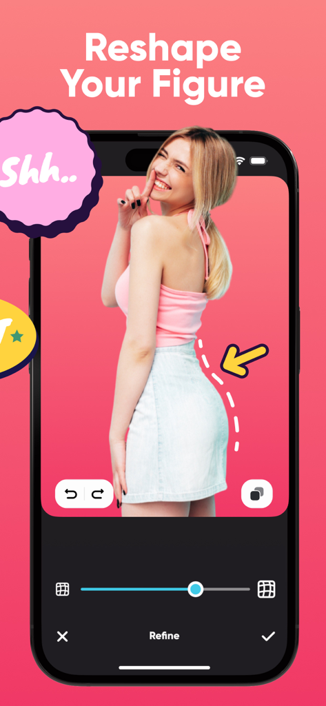Body Editor & Face Filters - Captura de pantalla de una aplicación móvil mostrando a una mujer usando la herramienta 'Reshape Your Figure' (Modela tu Figura) en la aplicación Body Editor