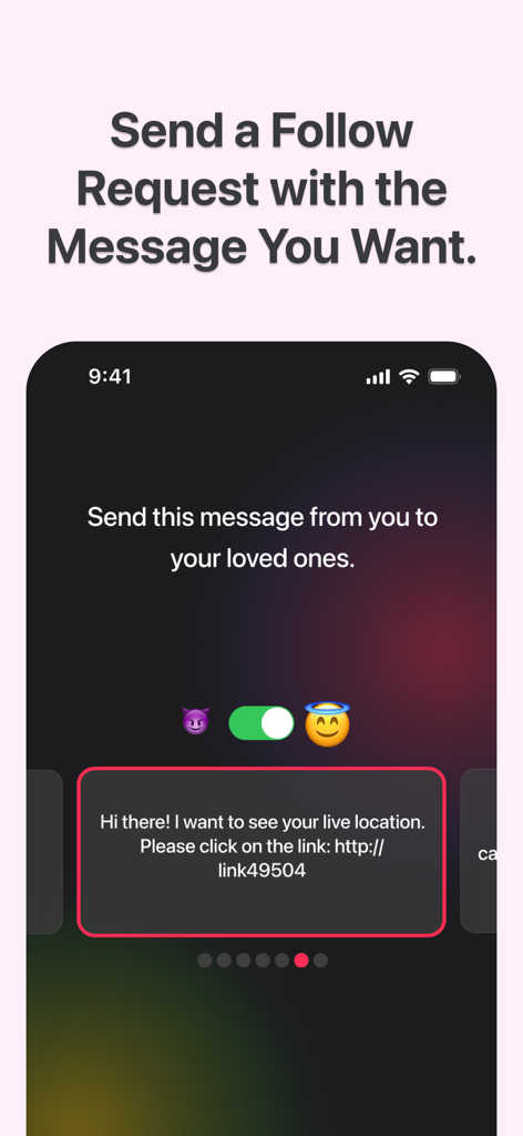 Una pantalla en la aplicación SpotNow que muestra un mensaje personalizable de solicitud de seguimiento para el rastreo de ubicación en vivo con un interruptor entre estilos de emoji divertidos.