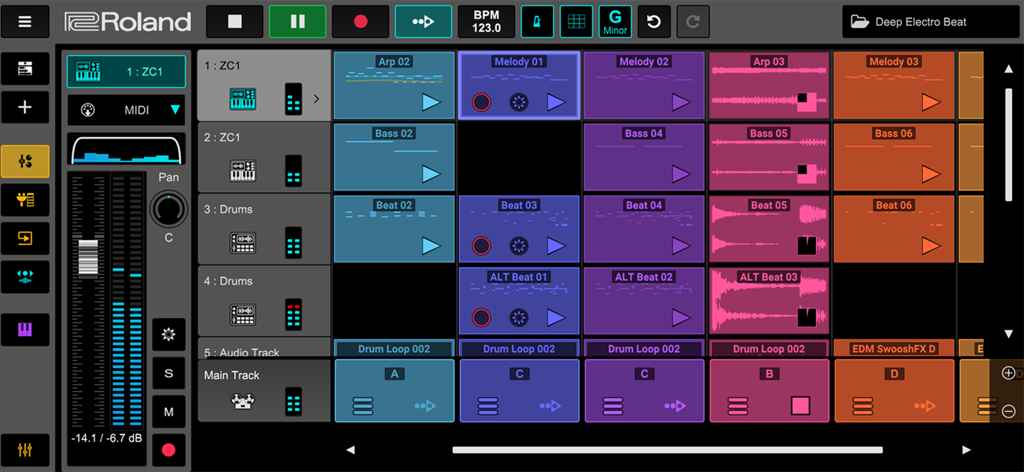 Roland Zenbeats - The Roland Zenbeats LoopBuilder interface featuring a colorful grid of music loops and a side mixer panel.