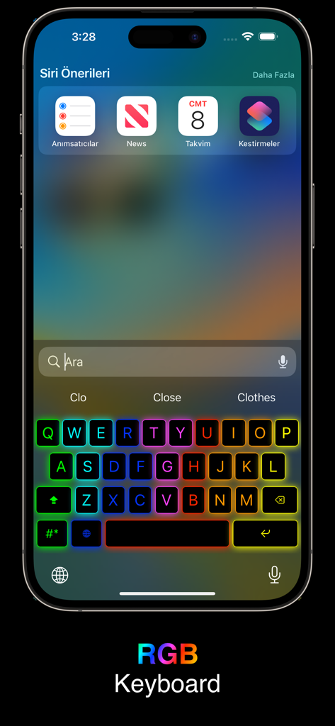 RGB Keyboard - An iPhone screen displaying a custom keyboard with vibrant rainbow RGB lighting around the keys