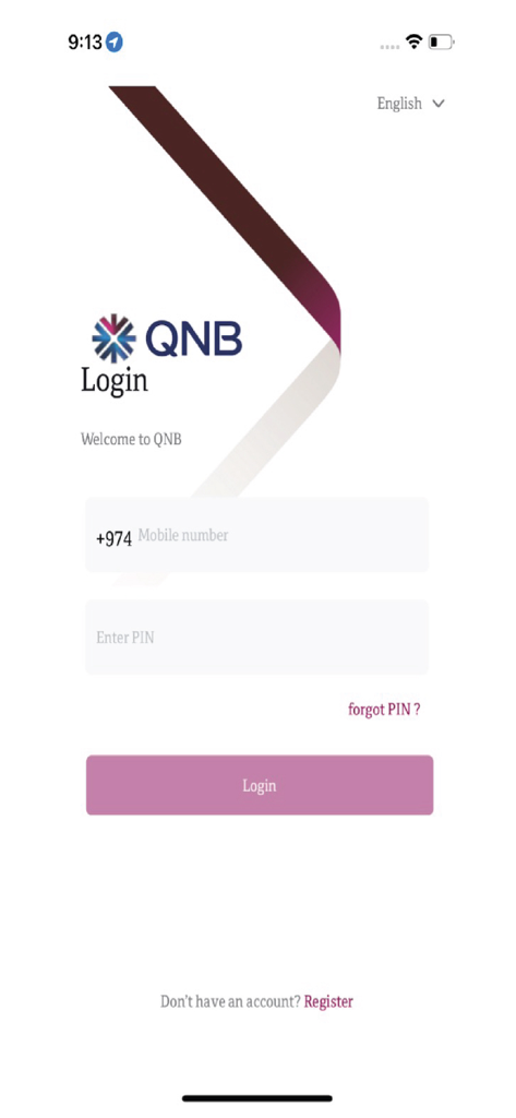 QNB Pay Wallet - Login screen of QNB Pay Wallet app featuring mobile number and PIN input fields