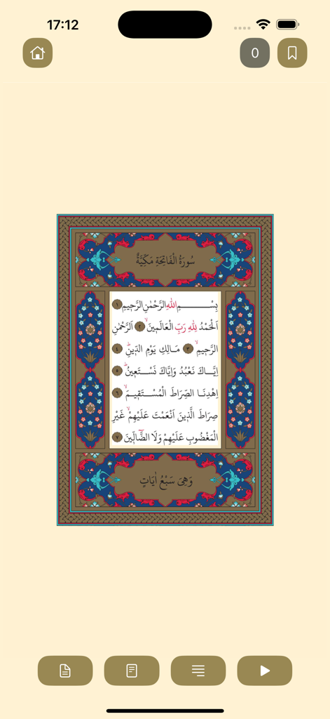 KuranveMeali app interface displaying Surah Al Fatiha in Arabic script with a decorative border