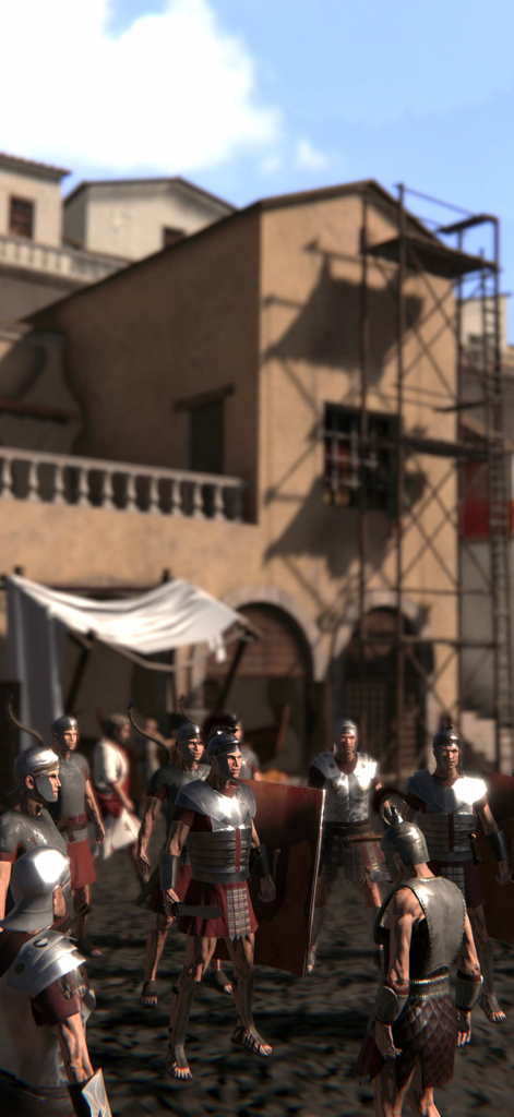Ricostruzione XR 3D di antichi soldati romani in piedi in una strada cittadina storica all'interno dell'app Portyl