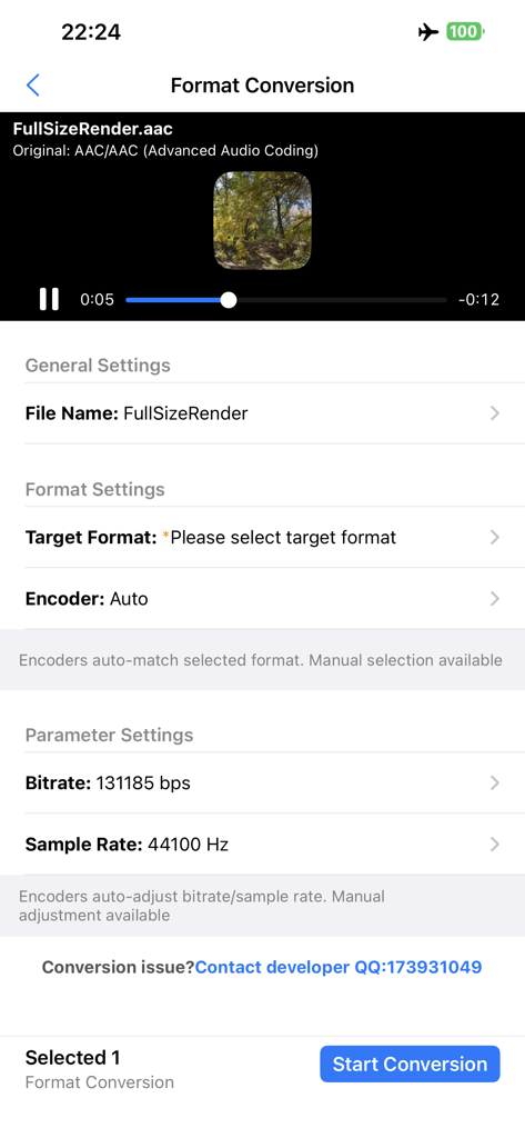 MP3Converter-Video2MP3 & Tools - Interface de l'application MP3Converter montrant les paramètres de conversion de format audio, y compris le débit binaire et la fréquence d'échantillonnage.
